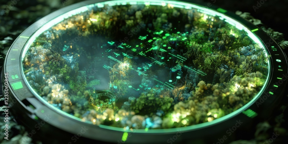 Futuristic landscape in a circular frame, showcasing vibrant greenery and glowing elements. Ideal for technology, nature, or sci-fi themes. Futuristic landscape in a circular frame, showcasing vibrant greenery and glowing elements. Ideal for technology, nature, or sci-fi themes.
