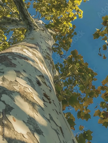 araffe tree with a white bark and green leaves against a blue sky photo