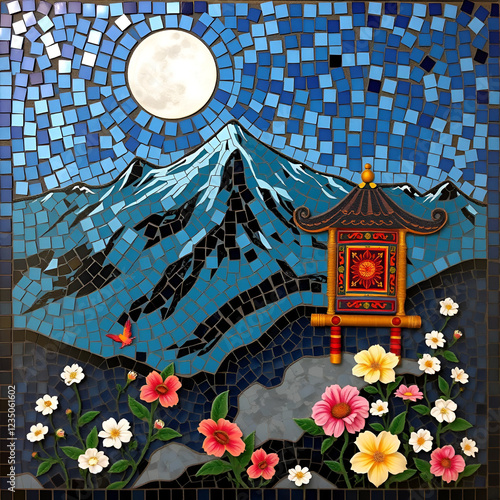 Mosaic artwork depicting a serene mountain landscape at night with a full moon, two dharma wheels, and blooming flowers. photo