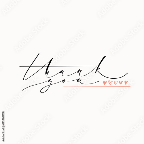Thank you handwritten phrase with hearts square card. Hand drawn lettering calligraphy composition. Common polite words composition for banners, web, prints.