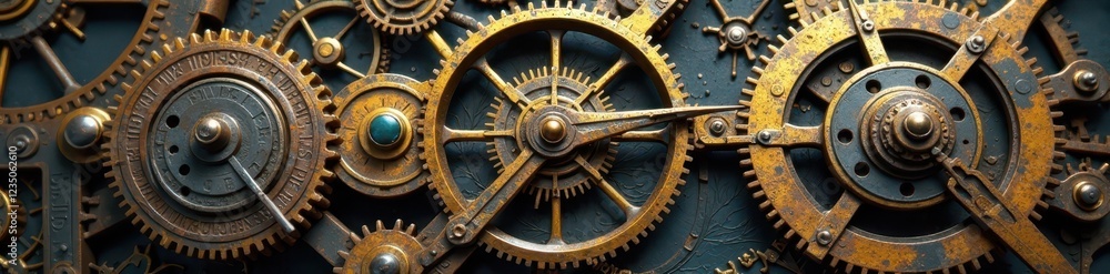 Antique clock gears, intricate metalwork, aged patina , dented, photography, gear set Antique clock gears, intricate metalwork, aged patina , dented, photography, gear set