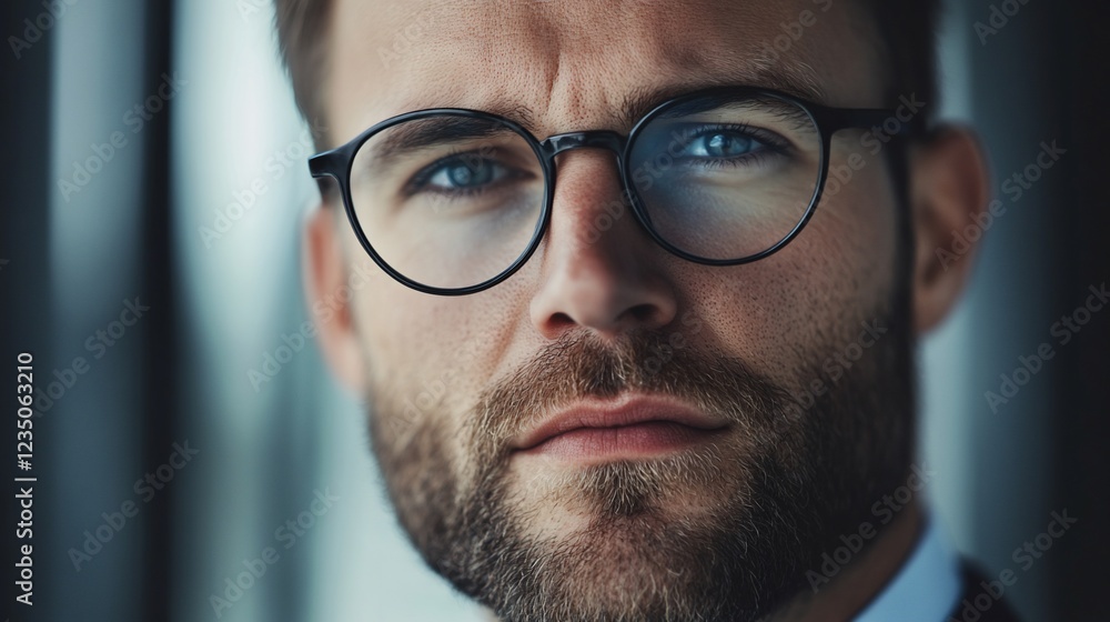 Focused businessman, office window, city view, serious expression, corporate headshot Focused businessman, office window, city view, serious expression, corporate headshot