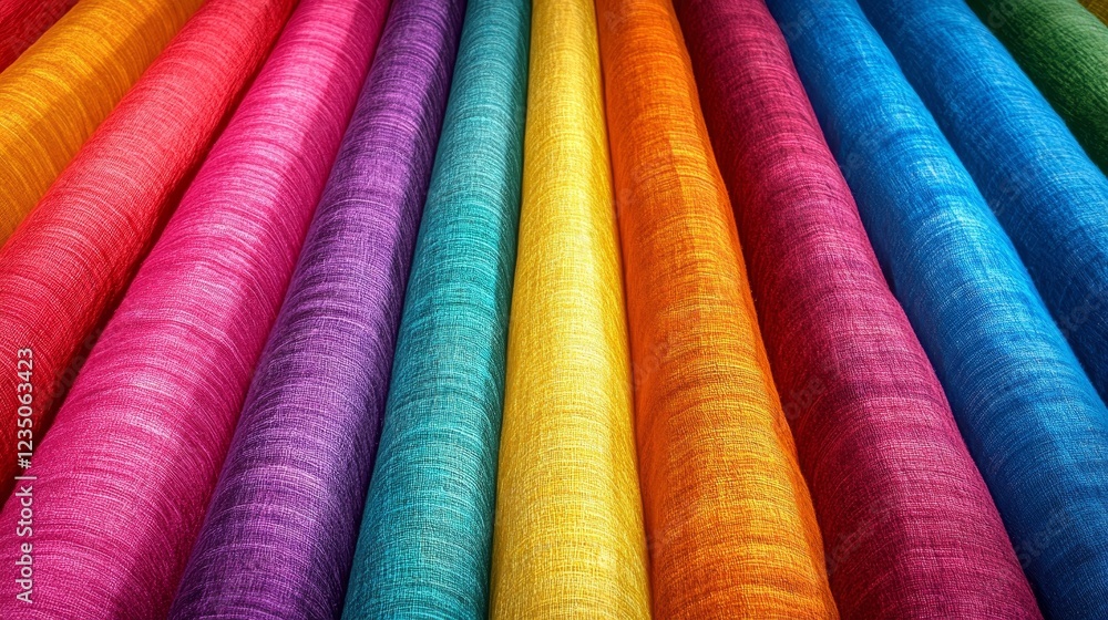 A row of colorful fabric rolls, each with a different color A row of colorful fabric rolls, each with a different color