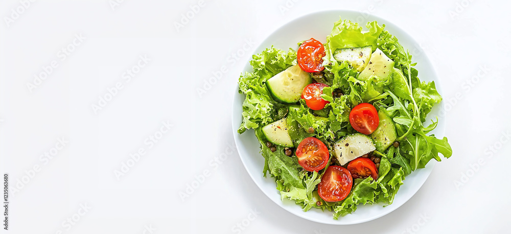 A fresh green salad with cherry tomatoes, cucumber slices, and leafy greens arranged on a white plate, emphasizing simplicity and healthy eating. A fresh green salad with cherry tomatoes, cucumber slices, and leafy greens arranged on a white plate, emphasizing simplicity and healthy eating.