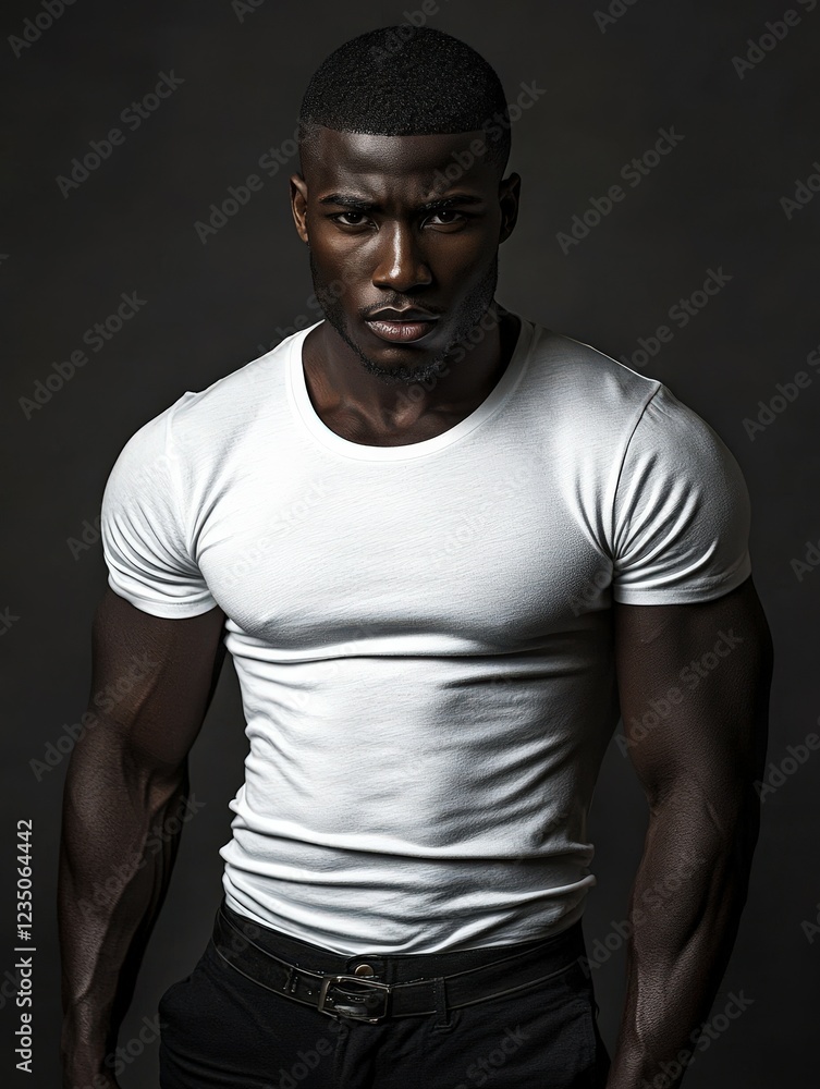 Strong male model poses in white t-shirt against dark backdrop Strong male model poses in white t-shirt against dark backdrop