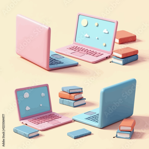 3d laptop from different angles. Set of realistic minibook images. Modern device for work and communication. Icons with shadows. Laptop with blank screen