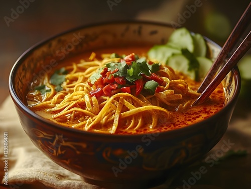 A traditional bowl of Khao Soi with crispy noodles, coconut curry broth, and pickled vegetables, warm light illuminating the dish s vibrant texture photo