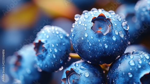 Close-up of plump blueberries covered in dew, showcasing their rich color and freshness. photo