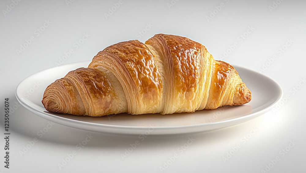 A perfectly baked croissant placed on a clean white background, showcasing its golden-brown crust, flaky layers, and delicate texture. The minimalist composition highlights the elegance and delicious A perfectly baked croissant placed on a clean white background, showcasing its golden-brown crust, flaky layers, and delicate texture. The minimalist composition highlights the elegance and delicious
