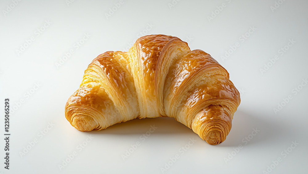 A perfectly baked croissant placed on a clean white background, showcasing its golden-brown crust, flaky layers, and delicate texture. The minimalist composition highlights the elegance and delicious A perfectly baked croissant placed on a clean white background, showcasing its golden-brown crust, flaky layers, and delicate texture. The minimalist composition highlights the elegance and delicious