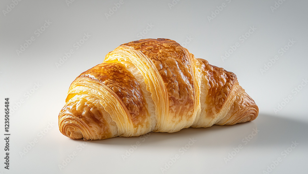 A perfectly baked croissant placed on a clean white background, showcasing its golden-brown crust, flaky layers, and delicate texture. The minimalist composition highlights the elegance and delicious A perfectly baked croissant placed on a clean white background, showcasing its golden-brown crust, flaky layers, and delicate texture. The minimalist composition highlights the elegance and delicious