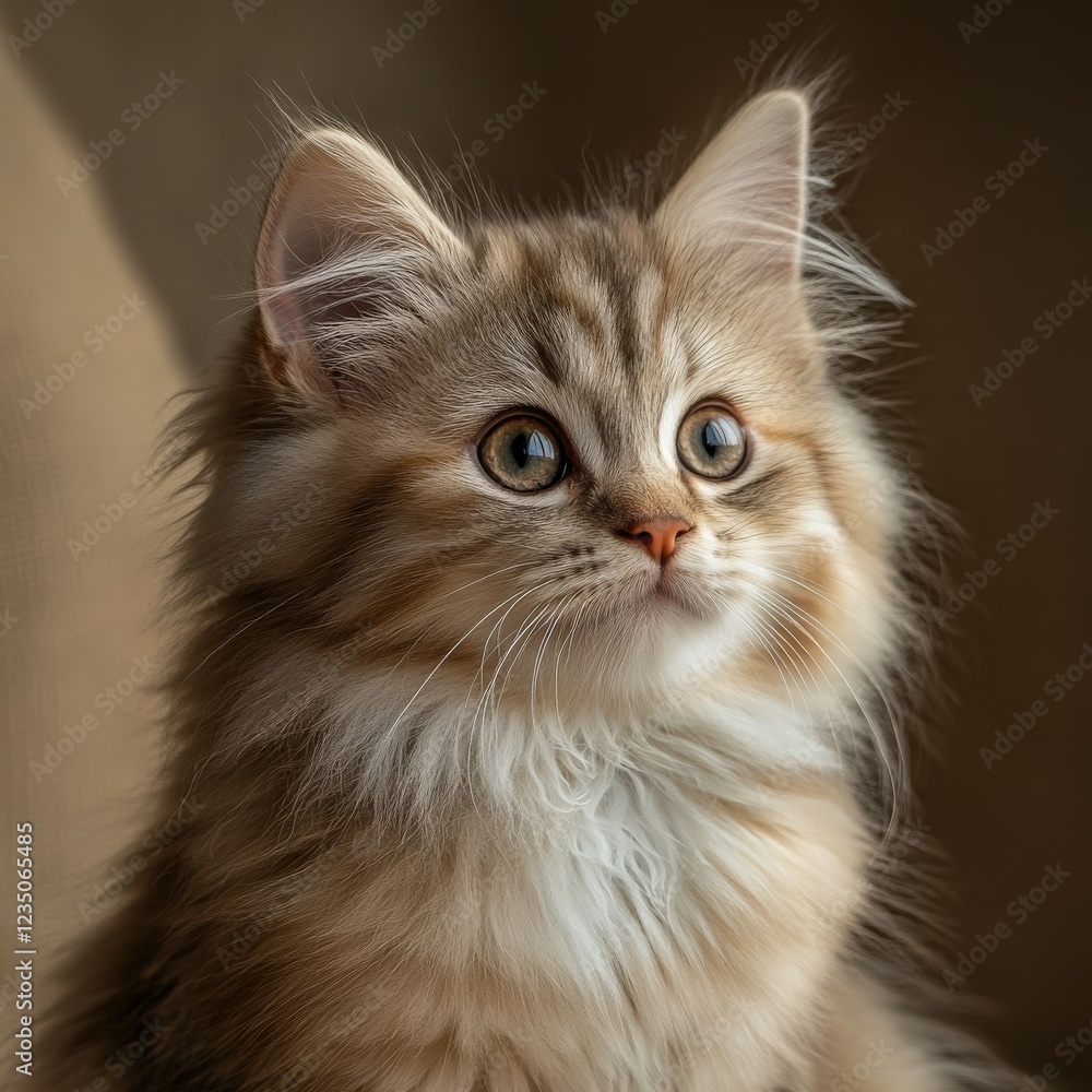 Beautiful fluffy kitten gazes with curious eyes indoors Beautiful fluffy kitten gazes with curious eyes indoors