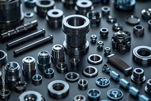 Intricate Black Steel Industrial Hardware and Components in Monochrome Minimalist Product Photography