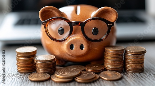 A close-up of a piggy bank wearing glasses surrounded by stacks of coins on a desk photo