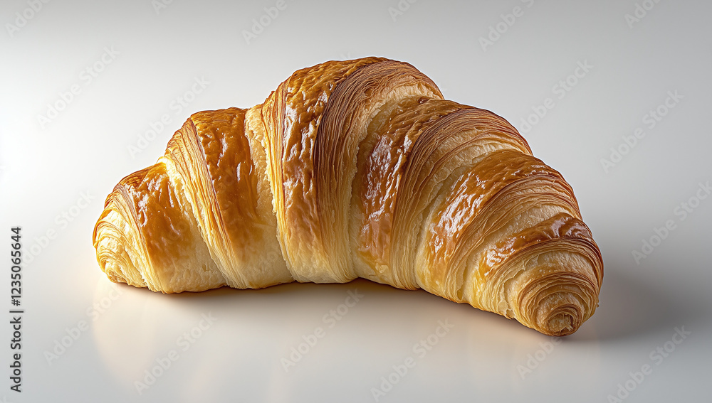 A perfectly baked croissant placed on a clean white background, showcasing its golden-brown crust, flaky layers, and delicate texture. The minimalist composition highlights the elegance and delicious A perfectly baked croissant placed on a clean white background, showcasing its golden-brown crust, flaky layers, and delicate texture. The minimalist composition highlights the elegance and delicious