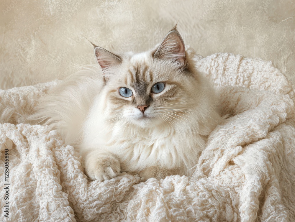 Cat lounging comfortably on a soft blanket indoors Cat lounging comfortably on a soft blanket indoors