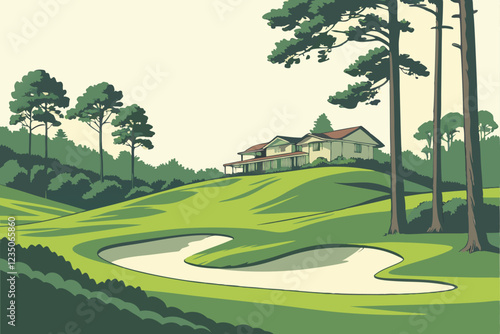 golf course, rolling green hills, sand bunker, manicured lawn, pine trees, serene landscape, vibrant colors, clear sky, minimalist design, smooth curves, pristine condition, tranquil atmosphere, sport