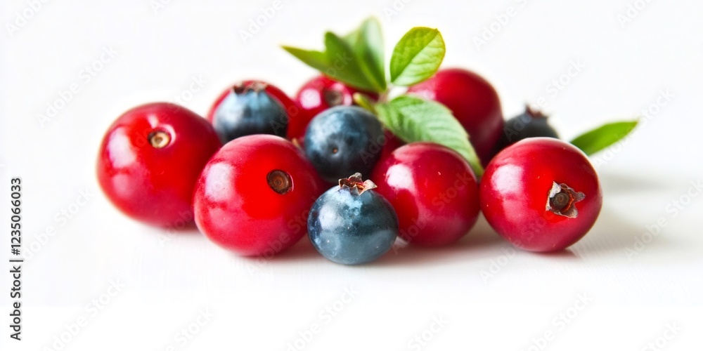 Fresh red and blue berries with green leaves resting on white background Fresh red and blue berries with green leaves resting on white background