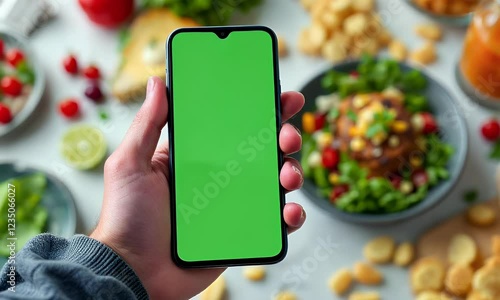 Smartphone with Green Screen Mockup Amidst Delicious Food