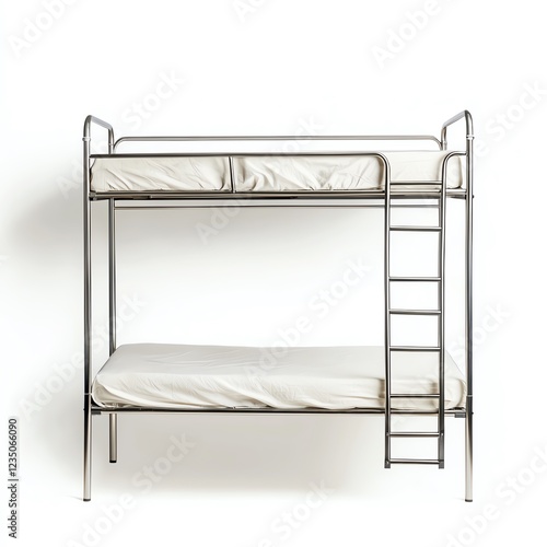 A modern metal bunk bed with two mattresses and a sturdy ladder, designed to save space while providing comfortable sleeping arrangements. photo