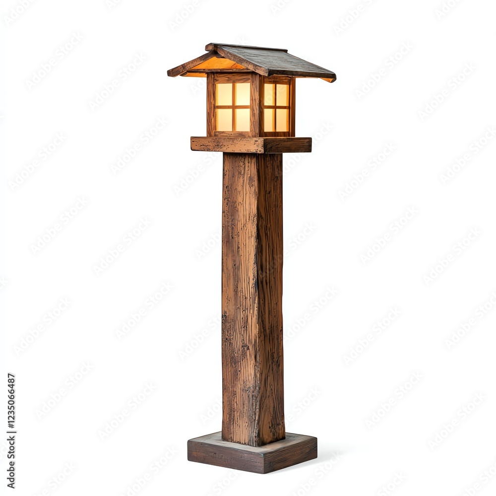 A rustic wooden lantern on a sturdy post, emanating a warm glow, perfect for enhancing outdoor spaces with a touch of charm and coziness. A rustic wooden lantern on a sturdy post, emanating a warm glow, perfect for enhancing outdoor spaces with a touch of charm and coziness.