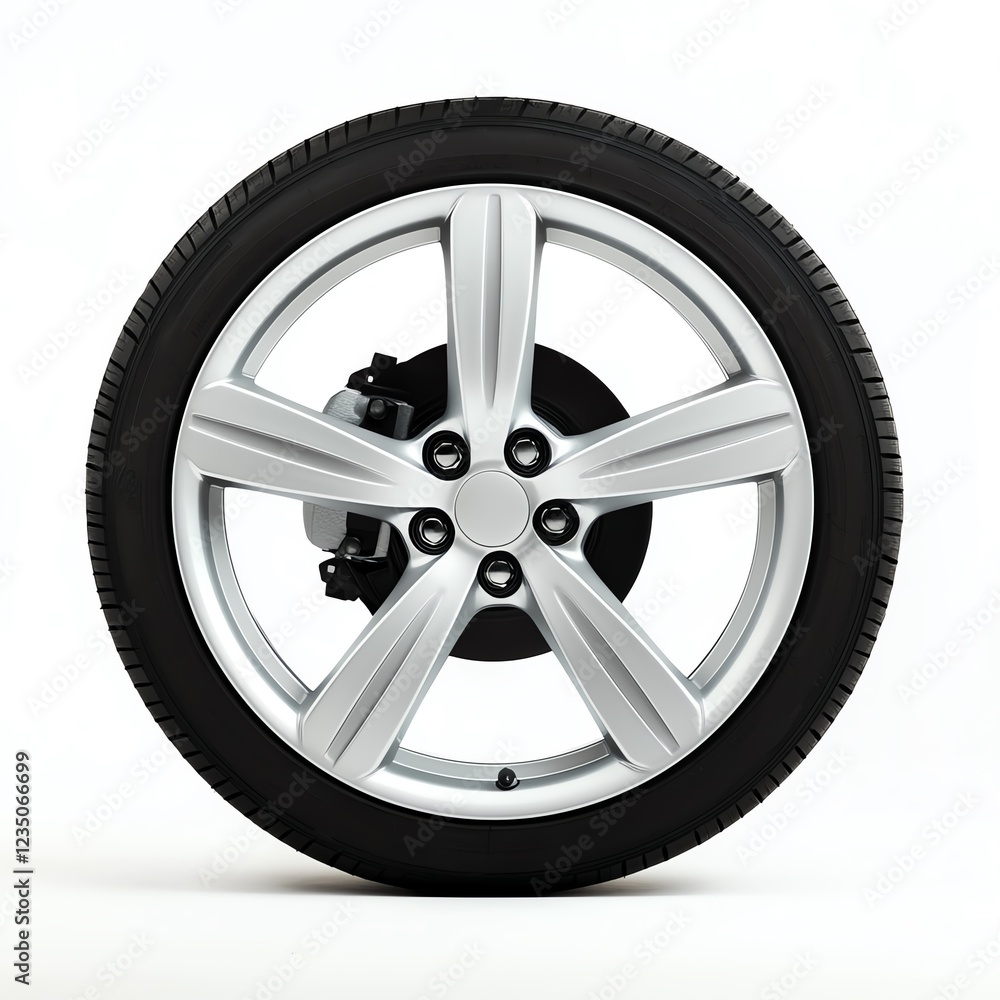 A sleek and modern automobile wheel showcasing a five-spoke design A sleek and modern automobile wheel showcasing a five-spoke design