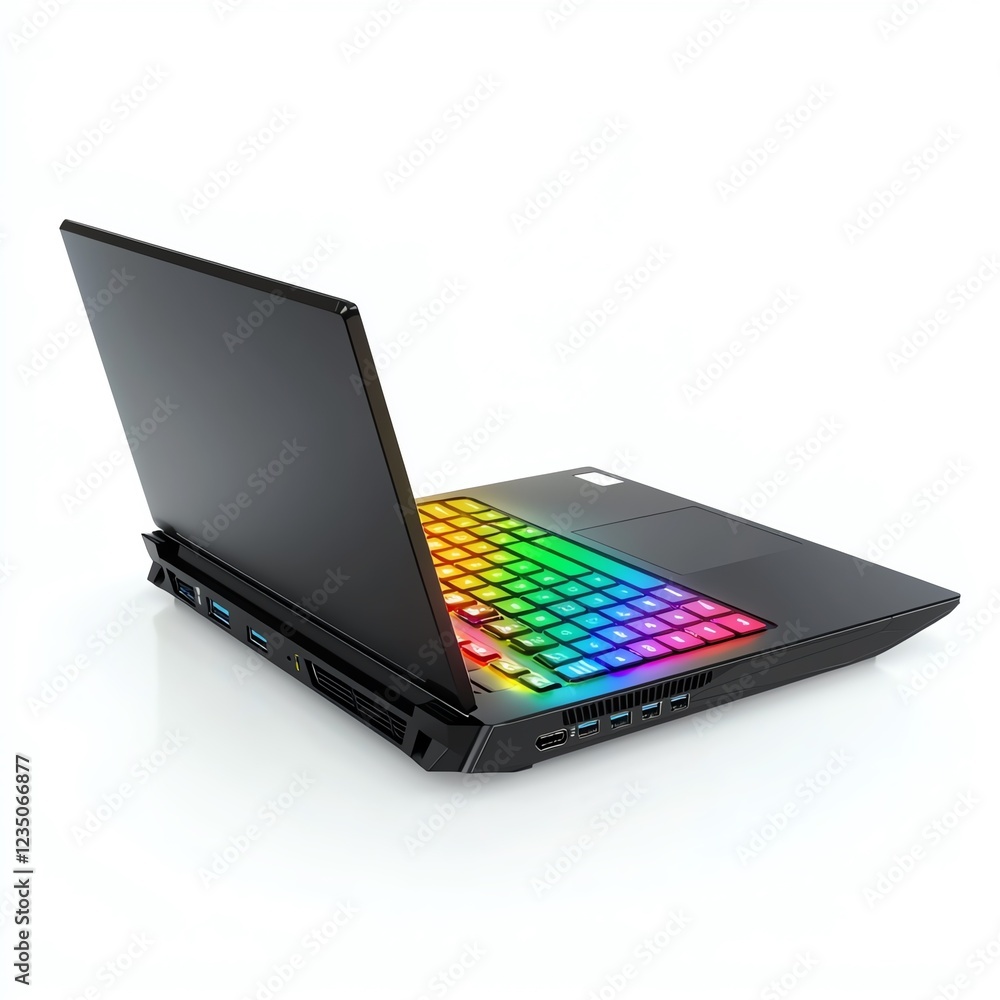 A sleek, modern laptop with a rainbow backlit keyboard, showcasing its advanced design and vibrant aesthetic against a clean, white background. A sleek, modern laptop with a rainbow backlit keyboard, showcasing its advanced design and vibrant aesthetic against a clean, white background.