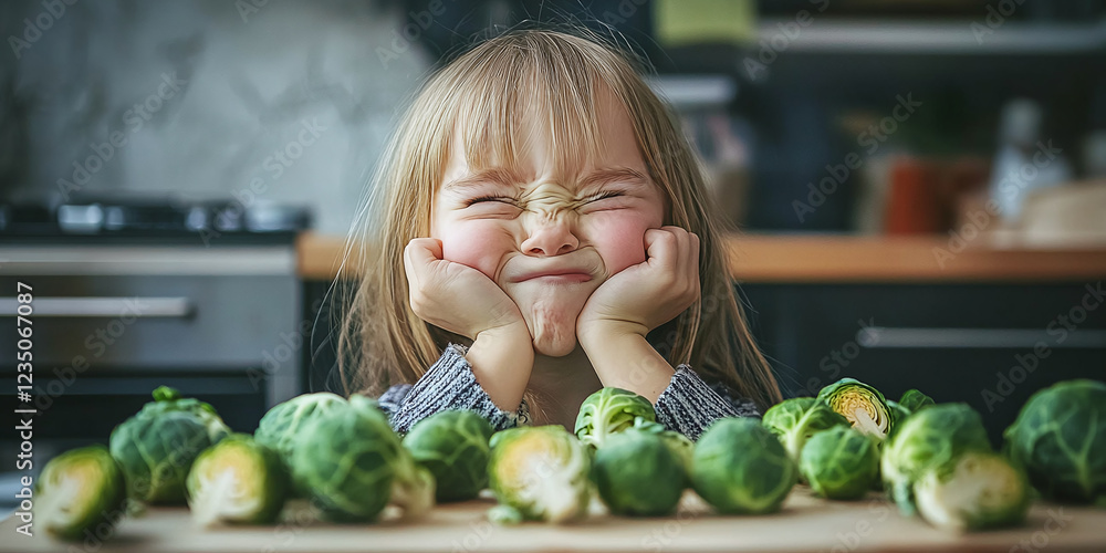 Fototapeta premium A young girl scrunches her face in dislike while sitting before a cutting board full of brussels sprouts, humorously highlighting picky eating habits.