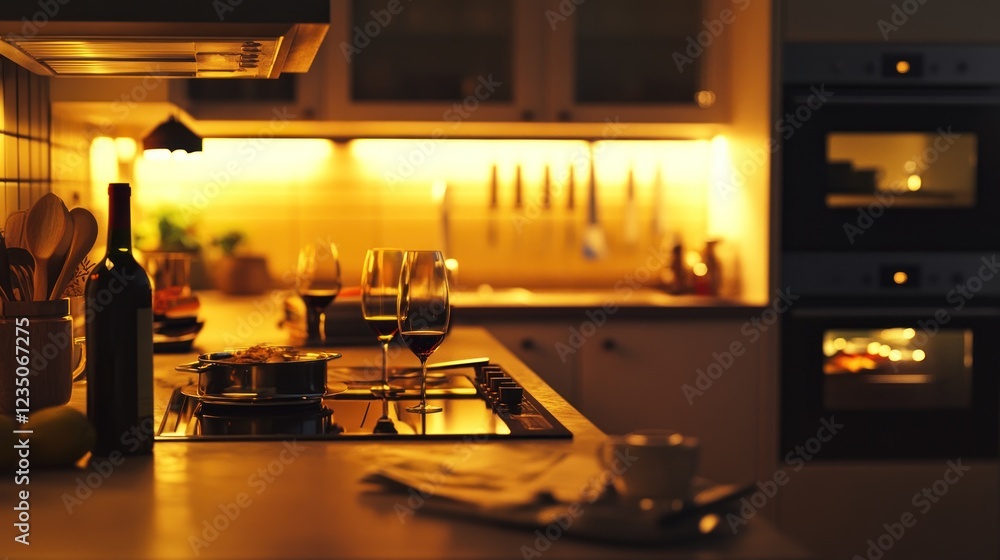 Romantic evening kitchen dinner wine glasses