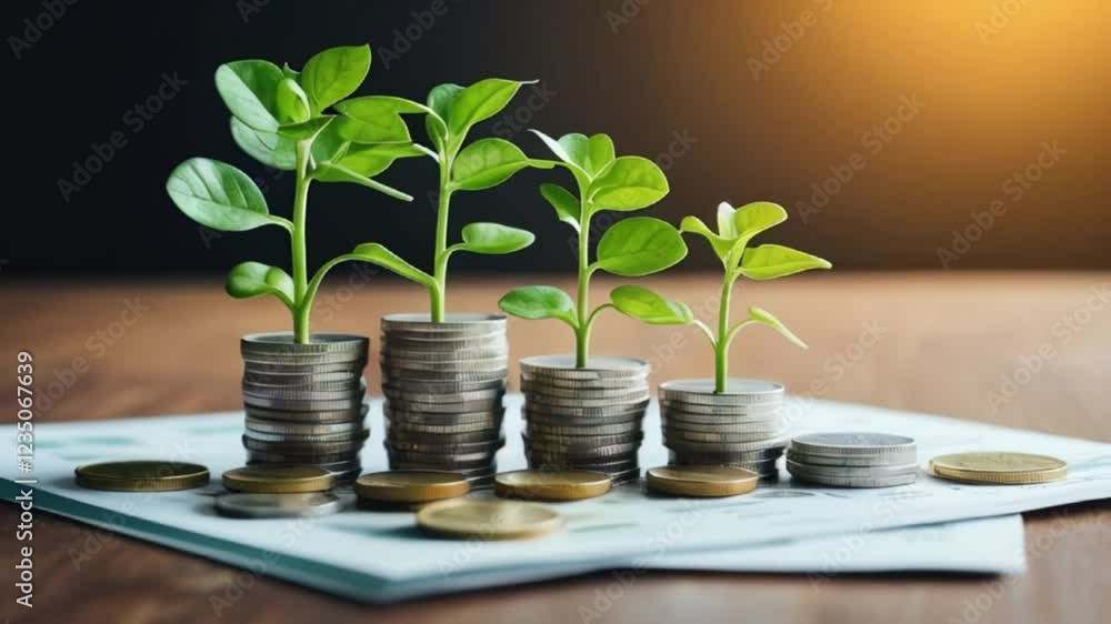 plant growing on coins background of a report on the business's financial structure. concept of savings, investments, interest, and economic growth created with generative ai plant growing on coins background of a report on the business's financial structure. concept of savings, investments, interest, and economic growth created with generative ai