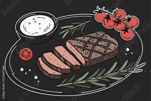 Overhead view, grilled ribeye steak, medium-rare, sliced, dark ceramic plate, cherry tomatoes on vine, fresh rosemary sprigs, creamy white sauce, chopped herbs, coarse salt, dramatic lighting, food ph