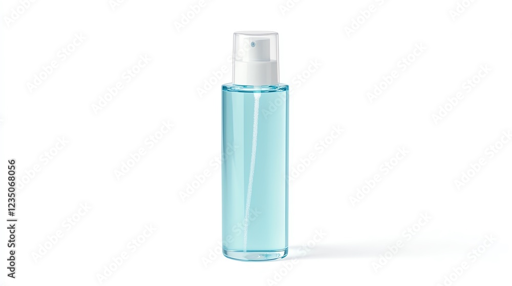 Clear blue liquid in a sleek spray bottle on a white background, perfect for skincare, beauty products, or refreshing sprays. Clear blue liquid in a sleek spray bottle on a white background, perfect for skincare, beauty products, or refreshing sprays.