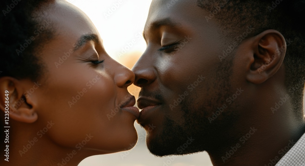 Romantic close-up of a young african couple kissing at sunset embracing love and connection Romantic close-up of a young african couple kissing at sunset embracing love and connection