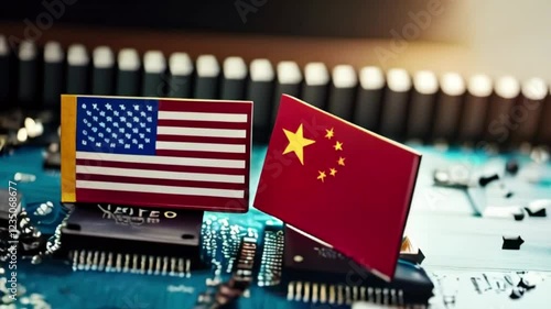 Two computer chips with the flags of the United States and China on them, placed on a circuit board, conflict between china and USA created with generative ai