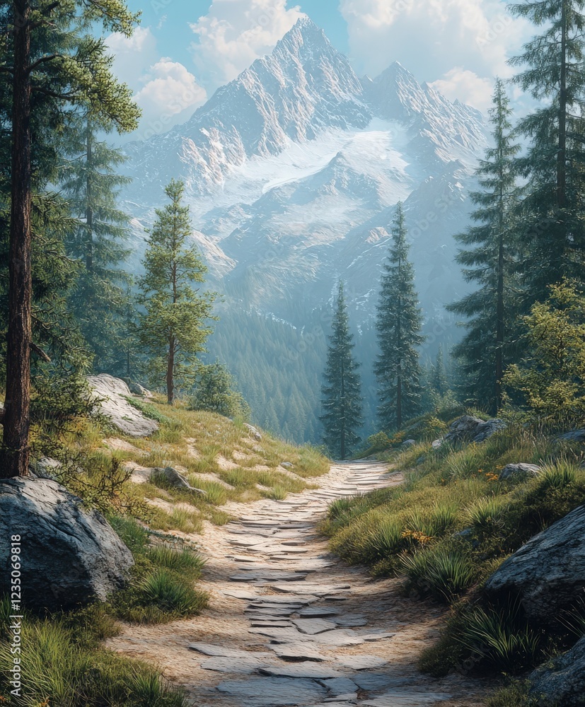 Fototapeta premium Beautiful mountain landscape with rocky pathway and trees