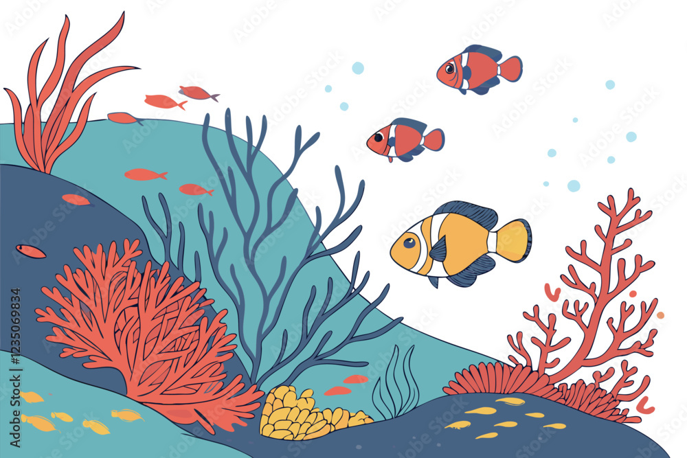 Fototapeta premium Vibrant coral reef, tropical fish, colorful sea life, underwater scene, clownfish, blue coral, red coral, aquatic plants, ocean floor, crystal clear water, detailed illustration, fantasy aquarium, di