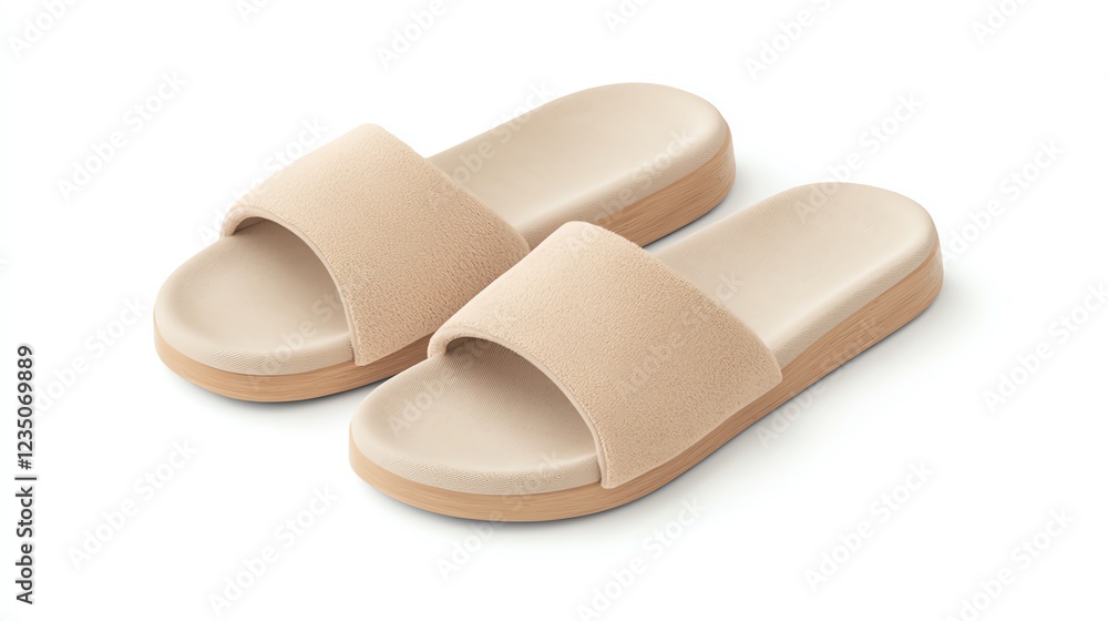 A pair of stylish beige slide sandals, perfect for casual summer wear. The footwear features a comfortable design with a minimalist aesthetic. A pair of stylish beige slide sandals, perfect for casual summer wear. The footwear features a comfortable design with a minimalist aesthetic.