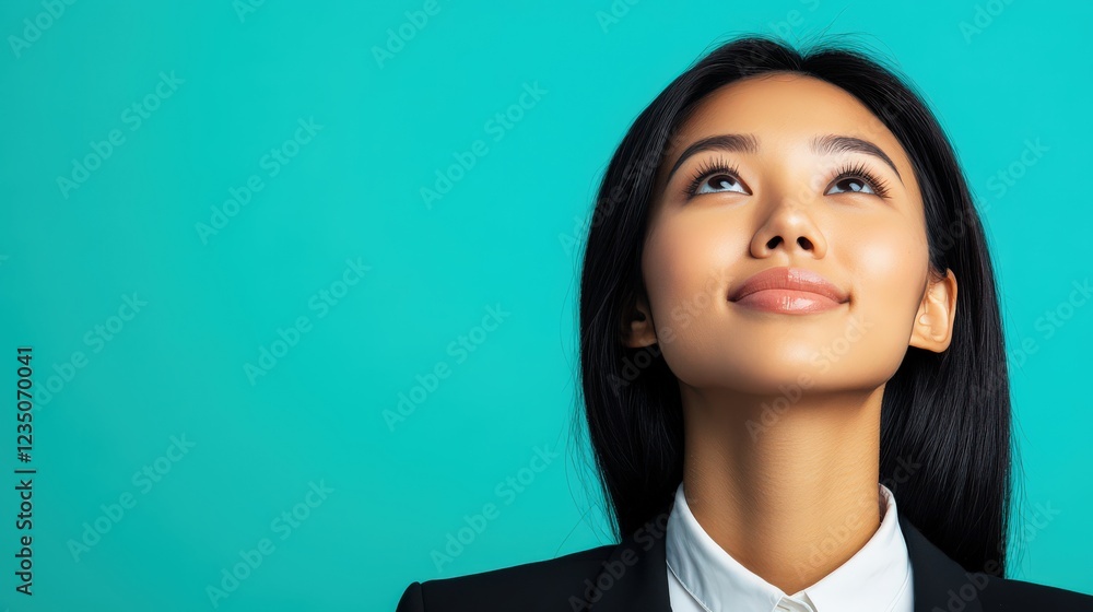Young Woman Looking Upward Hopeful and Confident Young Woman Looking Upward Hopeful and Confident