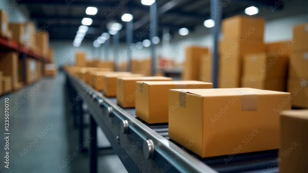 Tan Cardboard Boxes Moving on a Gray Conveyor Belt in a Modern Warehouse Ideal for Logistics and E commerce Stock Footage Tan Cardboard Boxes Moving on a Gray Conveyor Belt in a Modern Warehouse Ideal for Logistics and E commerce Stock Footage