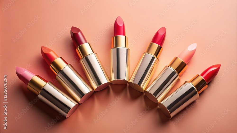 A semi-circle of lipsticks in various shades of pink, red, and coral, arranged on a light peach background, showcasing the vibrant colors and elegant gold casing of these beauty products. A semi-circle of lipsticks in various shades of pink, red, and coral, arranged on a light peach background, showcasing the vibrant colors and elegant gold casing of these beauty products.