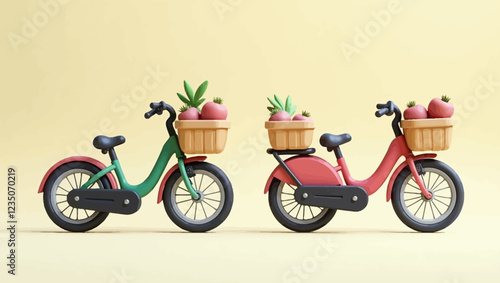 City bikes with shopping baskets. 3D image of modern personal vehicle. Transport that does not pollute environment. Realistic image of bicycle, front and back view