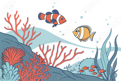  Vibrant coral reef, tropical fish, colorful sea life, underwater scene, clownfish, blue coral, red coral, aquatic plants, ocean floor, crystal clear water, detailed illustration, fantasy aquarium, di