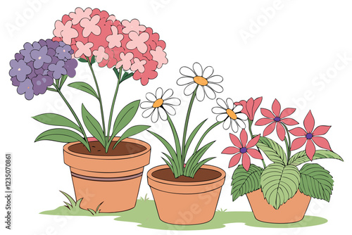 Wallpaper Mural Colorful potted flowers, vibrant floral arrangement, assorted blooming plants, terracotta and ceramic pots, hydrangeas, daisies, petunias, impatiens, indoor gardening, spring colors, botanical variety Torontodigital.ca