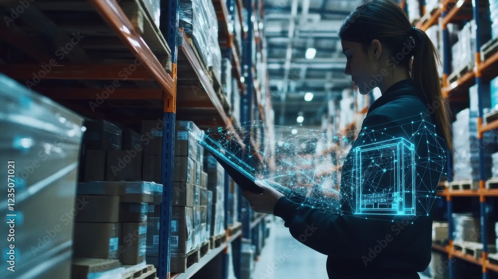 Fototapeta premium A logistics coordinator optimizing warehouse operations in a distribution center, with automated logistics systems and inventory management visible, Warehouse optimization scene