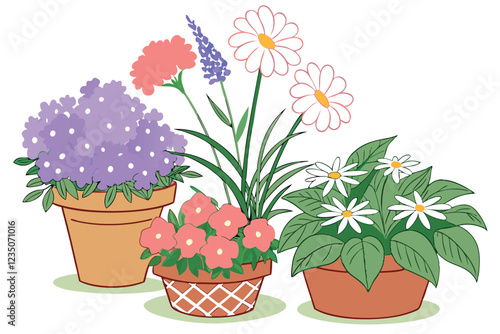 Colorful potted flowers, vibrant floral arrangement, assorted blooming plants, terracotta and ceramic pots, hydrangeas, daisies, petunias, impatiens, indoor gardening, spring colors, botanical variety