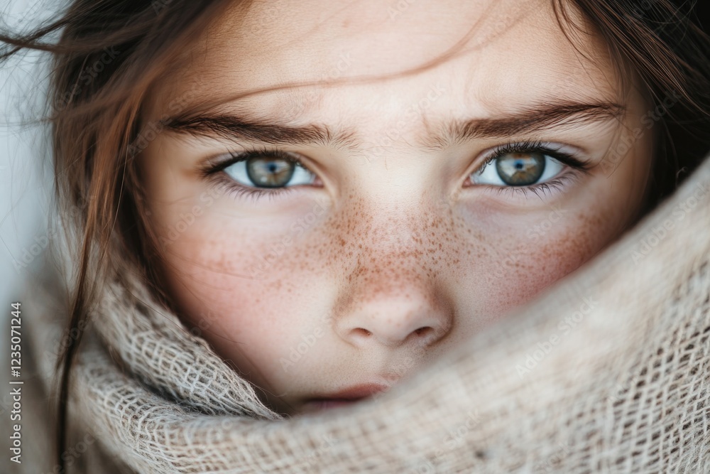 close-up of young girl face her eyes filled with sadness framed by old worn scarf while light captures texture of her close-up of young girl face her eyes filled with sadness framed by old worn scarf while light captures texture of her
