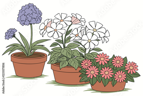 Colorful potted flowers, vibrant floral arrangement, assorted blooming plants, terracotta and ceramic pots, hydrangeas, daisies, petunias, impatiens, indoor gardening, spring colors, botanical variety