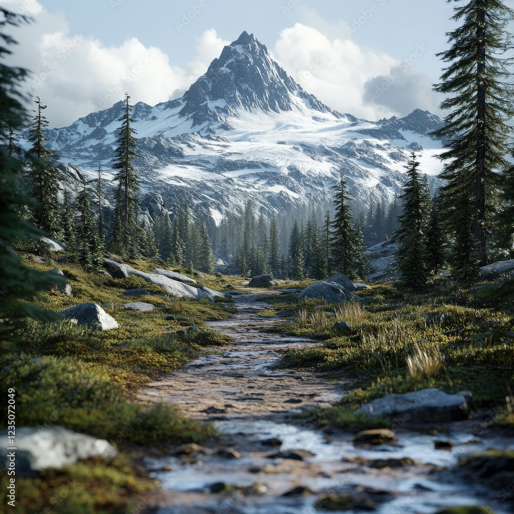 Fototapeta premium Scenic mountain landscape with a flowing stream and pine trees