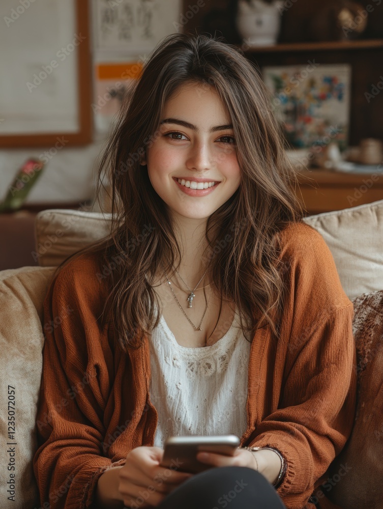 Relaxed young woman using smartphone on couch for marketing campaigns Relaxed young woman using smartphone on couch for marketing campaigns