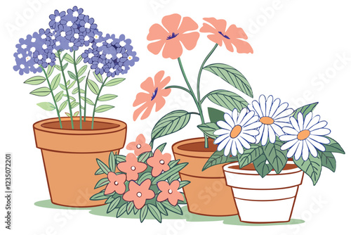Colorful potted flowers, vibrant floral arrangement, assorted blooming plants, terracotta and ceramic pots, hydrangeas, daisies, petunias, impatiens, indoor gardening, spring colors, botanical variety